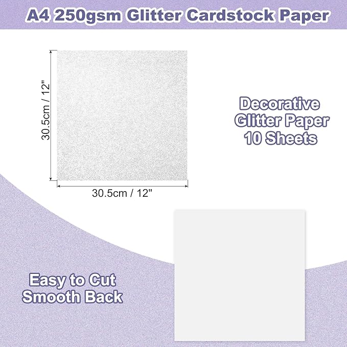 PATIKIL 10Sheets Silver Glitter Cardstock, 12x12In Glitter Paper Card Stock Shiny Scrapbook 250gsm Sparkly Paper Large Shimmer for Crafts Scrapbook DIY Art Wedding Party