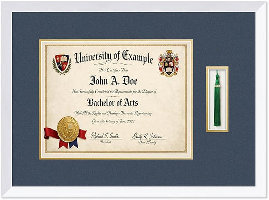 CountryArtHouse Diploma and Tassel Frame Fits 14 x 11 College Diploma (Modern) with Tassel Bright White Genuine Hardwood Shadowbox with Navy Blue Over Metallic Gold Double mat