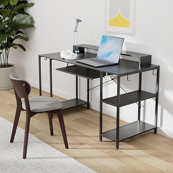 Workstation Desk with Keyboard Tray, 55 Inch Computer Desk with Storage Shelves Monitor Stands and 4 Iron Hooks, Industrial Desk for Home Office