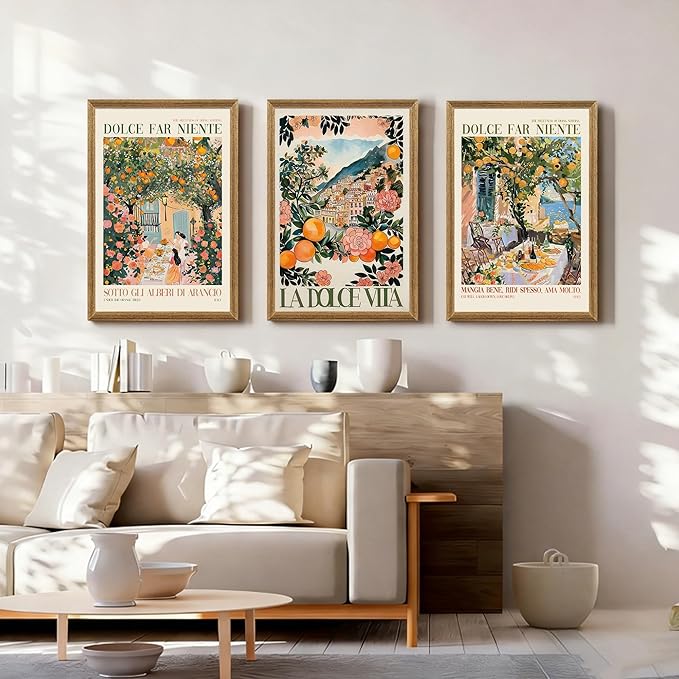 SYWENNOI 3 Pieces Wood Framed Italy Scenes Canvas Wall Art, Tuscan Wall Decor for Living Spaces, Vintage City Landscape Art Poster Prints for Bedroom Dining Room Ready to Hang 20x30x3 inches