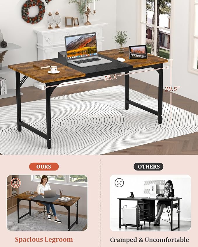 Computer Desk 55.1" Office Desk, Extra Wide 23.62” Carbon Fiber Deep Desktop, 0.59” Thick Heavy-Duty Home Office Desks, Office Table with Steel Frame, Wood Desk for Bedroom Study Writing Gaming Work