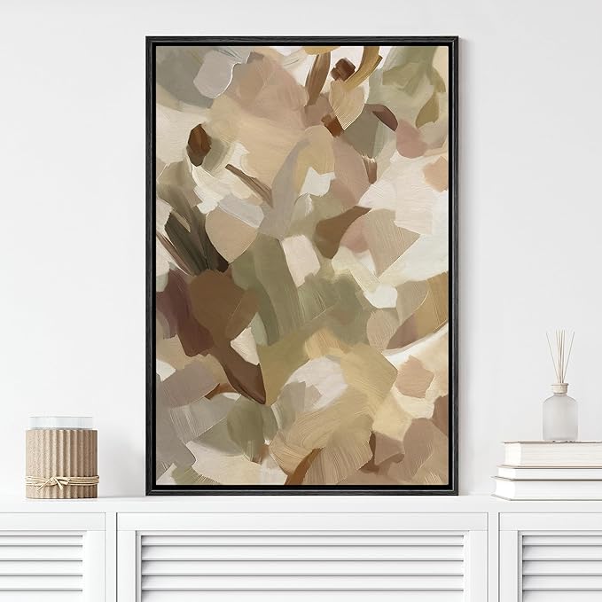 MUDECOR Framed Canvas Print Wall Art Layered Abstract Brushstroke in Natural Shades Illustrations Minimalism Decorative Relax Colorful for Living Room, Bedroom, Office - 16"x24" Black