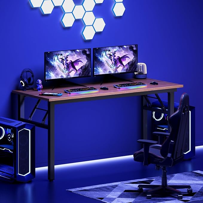 DlandHome Computer Desk, 59.8Inch Office Desk Computer Table, Study Writing Study Desk for Home Office, Teak and Black