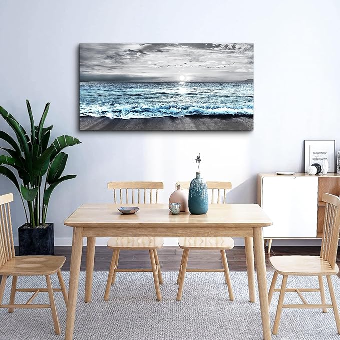 Lapremoly Black And White Beach Wall Painting - Canvas Wall Art For Living Room & Bedroom - Large Decor - Blue Ocean Sea Wave Landscape Pictures Artwork Posters Home Decor