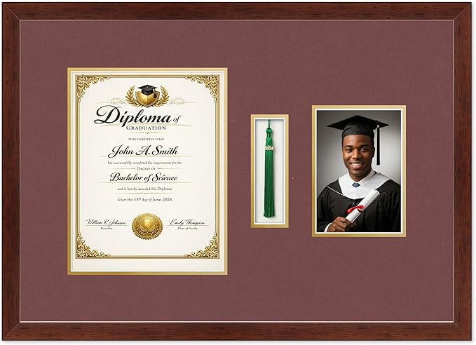 CountryArtHouse Diploma Tassel and Photo Shadowbox Fits 8.5 x 11 Certificate (Portrait) with Tassel Hook Rustic Walnut Genuine Hardwood with Dark Red Over Metallic Gold Double mat
