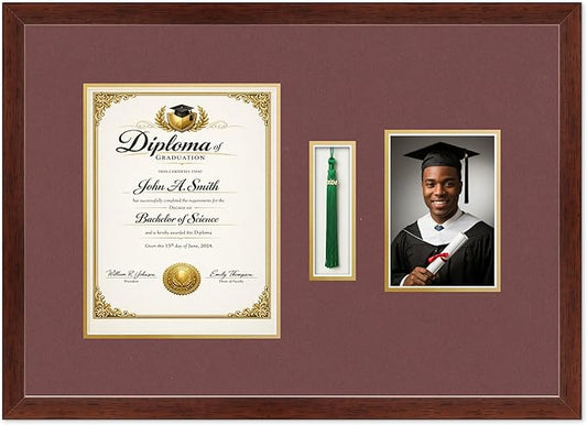 CountryArtHouse Diploma Tassel and Photo Shadowbox Fits 8.5 x 11 Certificate (Portrait) with Tassel Hook Rustic Walnut Genuine Hardwood with Dark Red Over Metallic Gold Double mat