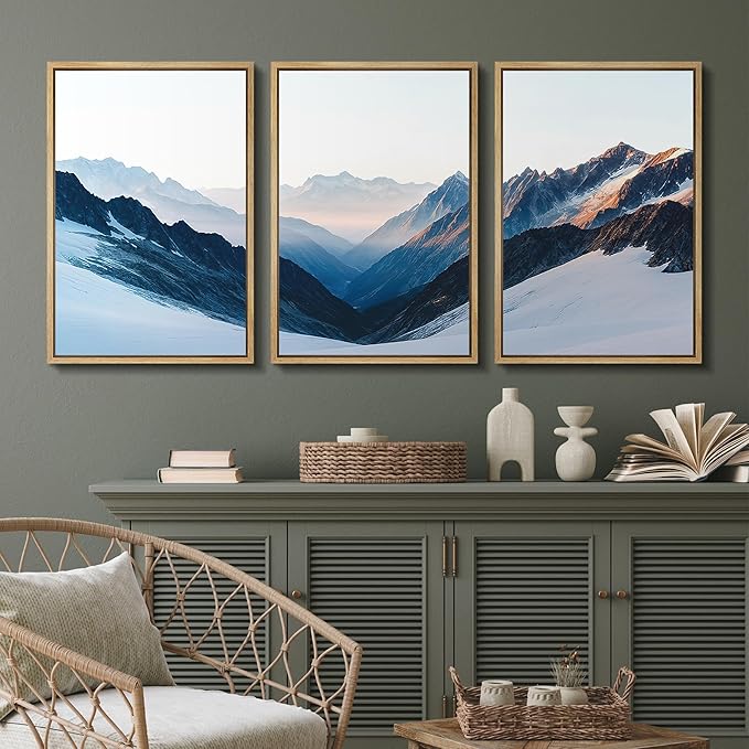 SIGNFORD Framed Wall Art Print Set Snowy Mountain Valley Majestic Winter Alpine Scene Digital Art Modern Art Contemporary for Living Room, Bedroom, Office - 16"x24"x3 Natural