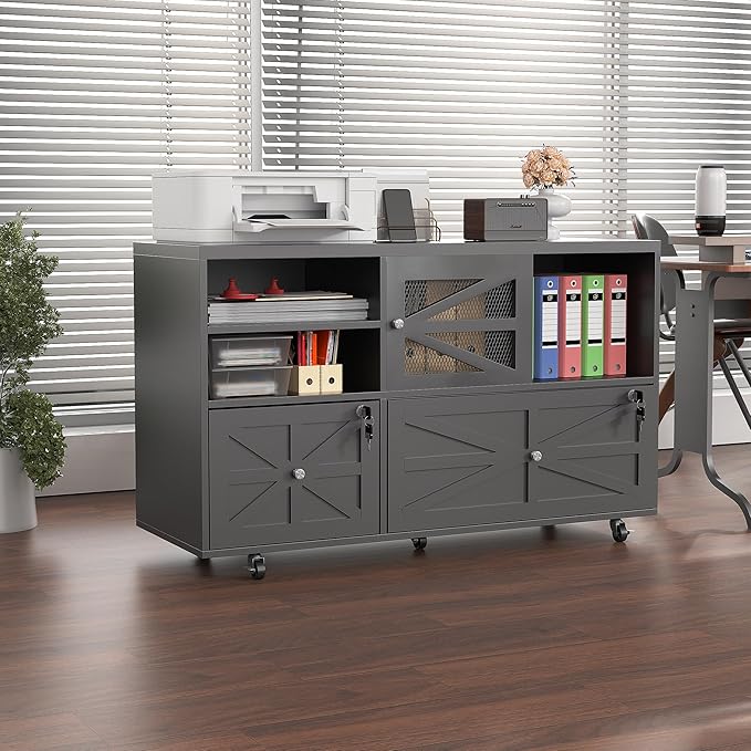 Semoic 2 Drawer Farmhouse File Cabinet with Lock, Mobile Lateral Filing Cabinet for Letter/Legal/A4 Size, Open Storage Adjustable Shelf for Home Office Cabinets, Black