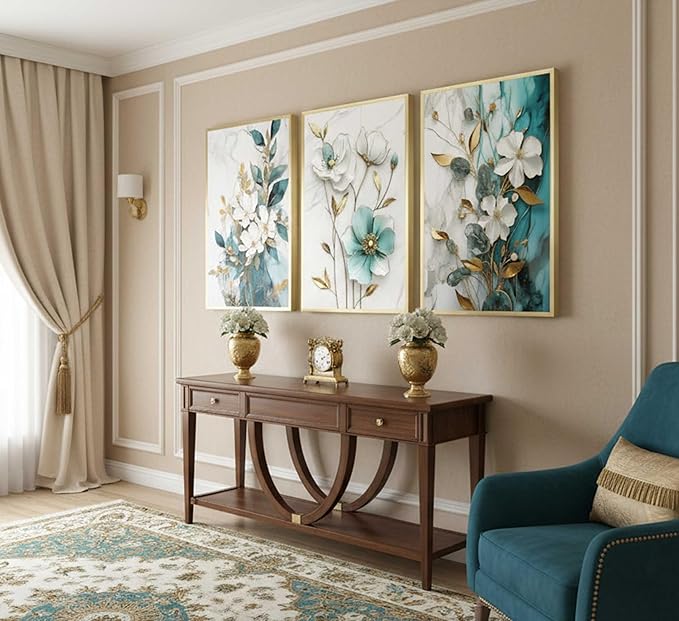 3Pcs White Gold Flower Canvas Wall Art Modern Luxury Blue White Gold Abstract Marble Floral Botanical Painting Picture Wall Decor Poster Print Artwork for Living Room Bedroom Home Decoration Unframed