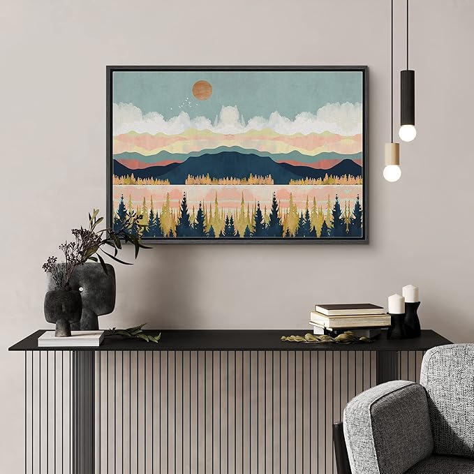 SIGNFORD Framed Canvas Print Wall Art Woodland Nursery Decor Mountain, Forest & Lake Abstract Wilderness Modern Art Rustic Scenic Colorful for Living Room, Bedroom, Office - 24"x36" Black