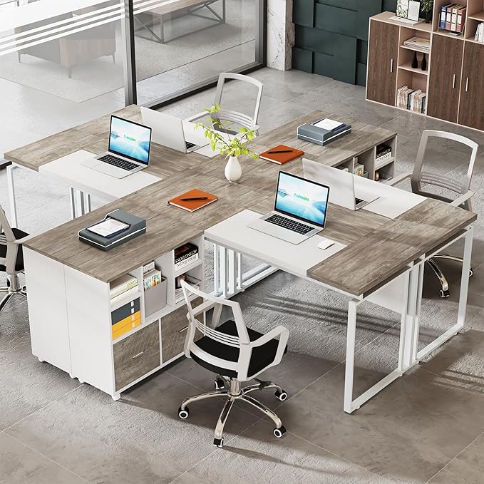 Tribesigns L-Shaped Executive Desk with Reversible File Cabinet, 63" Office Desk with Storage Drawers, L-Shaped Computer Desk with Drawer Cabinet for Hanging Letter Size Files,Gray & White