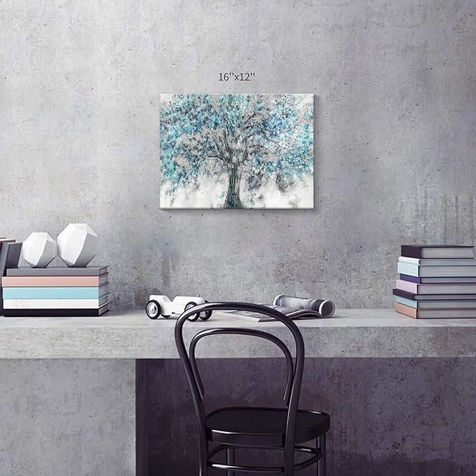 Hardy Gallery Abstract Tree Canvas Wall Art: Blue Painting Graphic Art Picture Print on Canvas Small Size without Embellishment for Dining Room (12"x16"x 1 Panel)