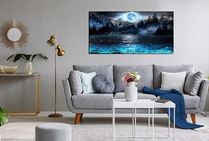 Moon Sea Ocean Wall-Art For Living Room Large Size - Blue Wall Decor For Bedroom - Forest Wall Art Ready To Hang 29" x 59"