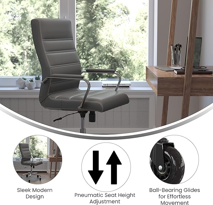 Flash Furniture Whitney High Back Gray LeatherSoft Executive Swivel Office Chair with Chrome Frame, Arms, and Transparent Roller Wheels