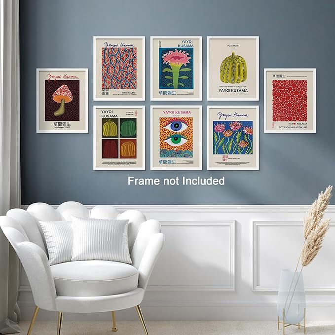SIGNWIN Poster Wall Art Set of Mushroom Botanical, Blue Red Dots, Japanese Pumpkin The Ocean Minimalist Decor for Living Room, Bedroom, Office - 11"x14"x 8
