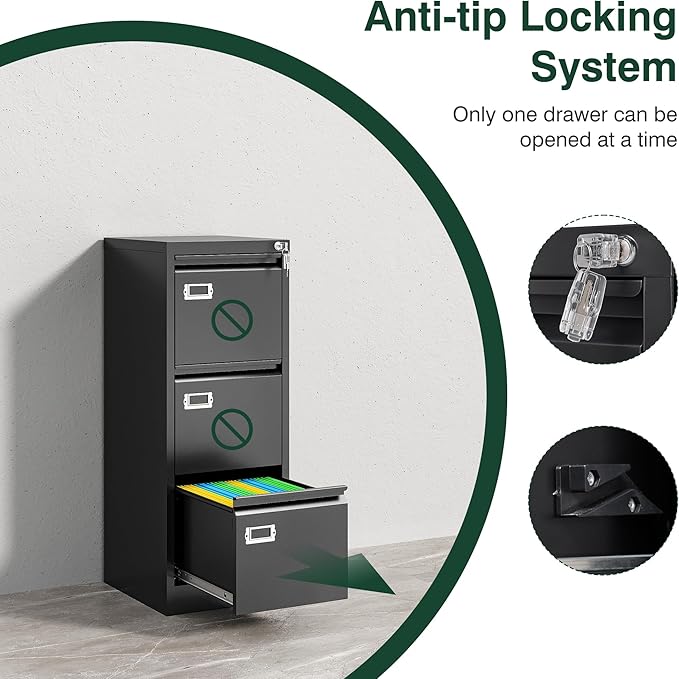 STANI Metal Vertical File Cabinet with Lock，Narrow Filing Cabinets Hanging Files Letter/Legal/A4 Size, Metal Storage Cabinet for Home Office, Assembly Required (Black, 3-Drawer)