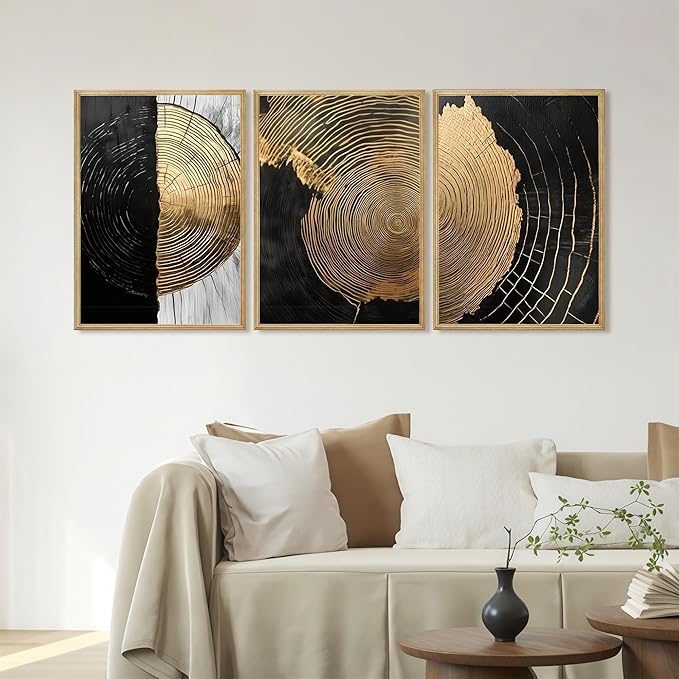 3Pcs Minimalist Abstract Black Golden Wall Art Vintage Tree Ring Wall Decor Pictures Modern Rustic Canvas Posters Prints for Living Room Office Hallway Home Decoration 16x24in Unframed
