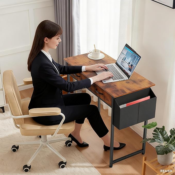 DUMOS 48" Small Computer Home Office Desk for Bedroom with Drawers, Gaming Writing Study Table with Storage Shelf, Adjustable Feet, Metal Frame Natural Brown