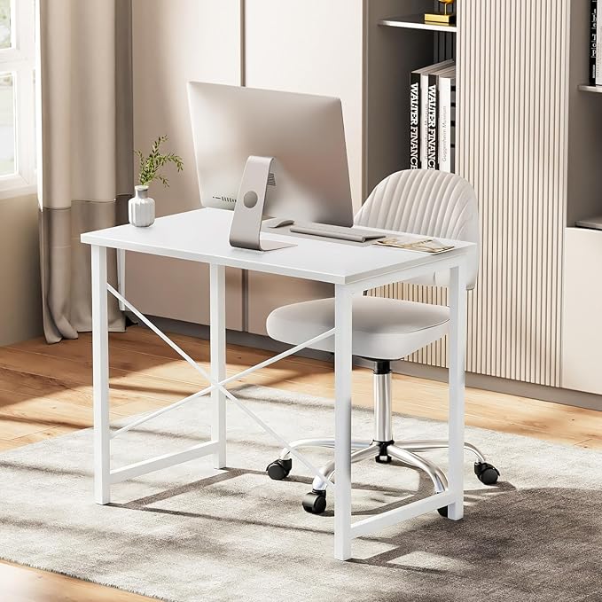 Sweetcrispy Small Computer Office Desk 32 Inch Student Study Writing Work with Metal Frame Wood Tabletop Modern Simple Home Bedroom PC Table - White, 2 Pack