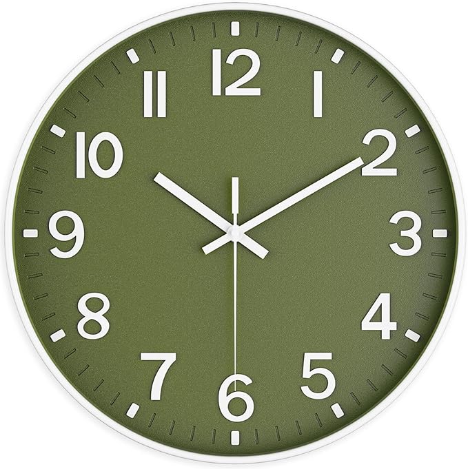 Silent Wall Clock Non-Ticking Battery Operated – Modern Olive Green Analog Wall Clock for Living Room, Kitchen, Office, Bedroom – Stylish Home Wall Decor Clock, 10 Inch