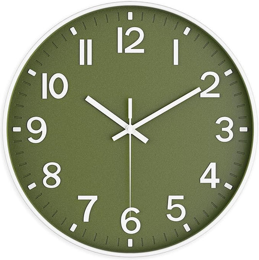 Silent Wall Clock Non-Ticking Battery Operated – Modern Olive Green Analog Wall Clock for Living Room, Kitchen, Office, Bedroom – Stylish Home Wall Decor Clock, 10 Inch