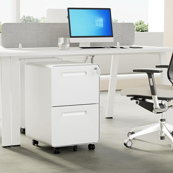 File Cabinet, Mobile Filing Cabinet with Lock, All Steel Structure Printer Stand, Fully Assembled Except Casters, Under Desk Storage for Home Office, 2 Drawers Document Organizer, White