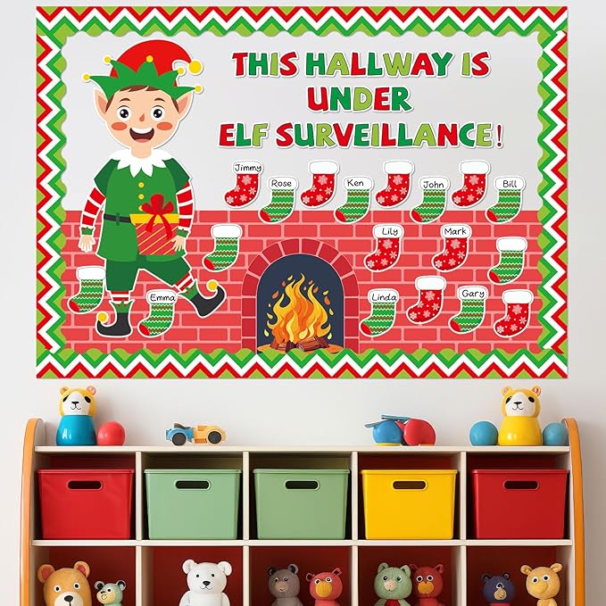 Christmas Bulletin Board Set Xmas Elf Hearth Classroom Bulletin Board Decorations Elf Fireplace Christmas Cutouts Classroom Decorations for Back to School Office Home Chalkboard Decor Wall Door