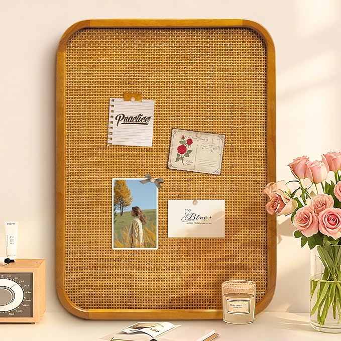 20" x 30" Bulletin Board, Round-Edged Rectangle Cork Board，Wooden Frame with Boho Style Rattan Wall Organizer,5075Teng