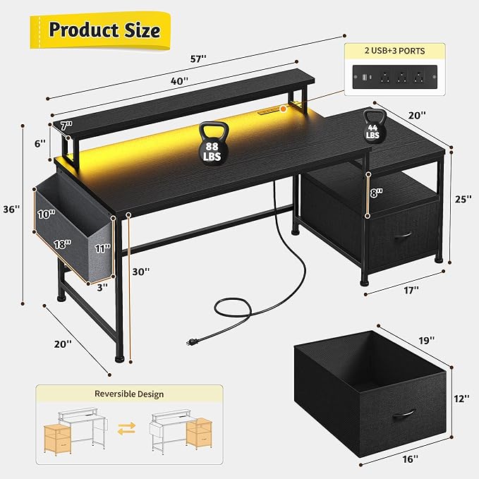 Gaming Desk with Monitor Stand,Computer Desk with LED Lights &Power Outlets,Office Desk with Drawers & Printer Shelf,Writing Table with Side Storage Bag,57" W x 20" D x 36" H,Black Desk