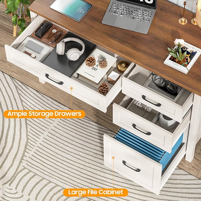 Farmhouse 47" Executive Desk, Computer Desk with File Drawer and Charging Station, Workstation for Home Office, Study.（Unique White）