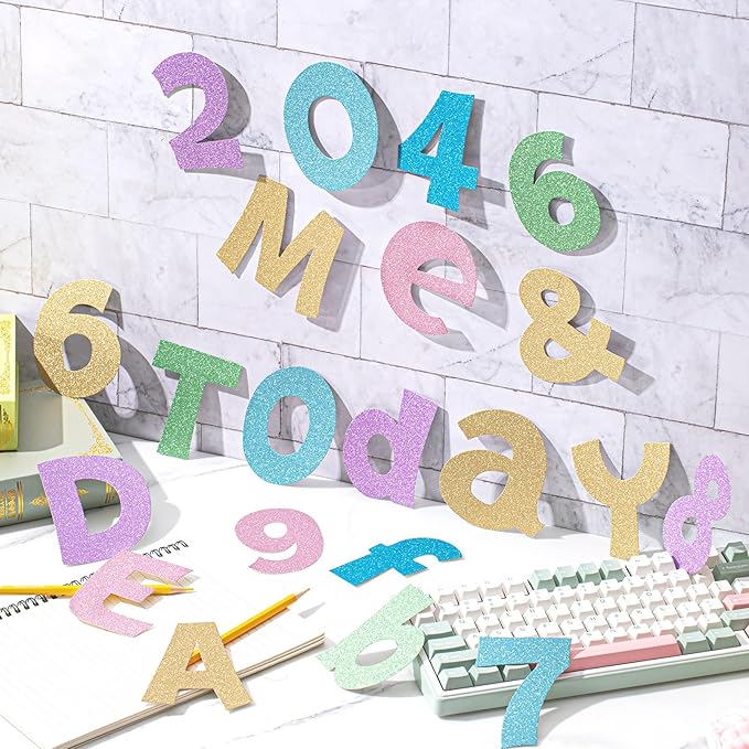 Colarr 216 Pcs Glitter Bulletin Board Letters for Classroom Number Alphabet Punctuation Symbol Cutout 4'' Die-Cut Poster Letter with Adhesive Dot School Party Holiday Decor Display(Mixed)