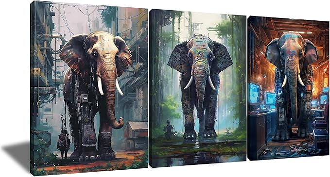 Abstract Elephants Wall Art Cyberpunk Giant Machine Animal Posters Print on Canvas Modern Sci-Fi Theme Picture Painting Wall Decor Artwork for Living Room Gym Office Ready to Hang [60''W x 28''H]
