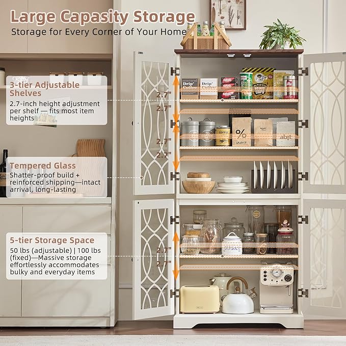 67" Tall Bookshelf, Vintage Book Shelf with Glass Doors, 5-Tier Wood Bookcase with Adjustable Storage Shelves, Freestanding Rustic Curio Display Cabinet for Living Room, Office, White，2PCS