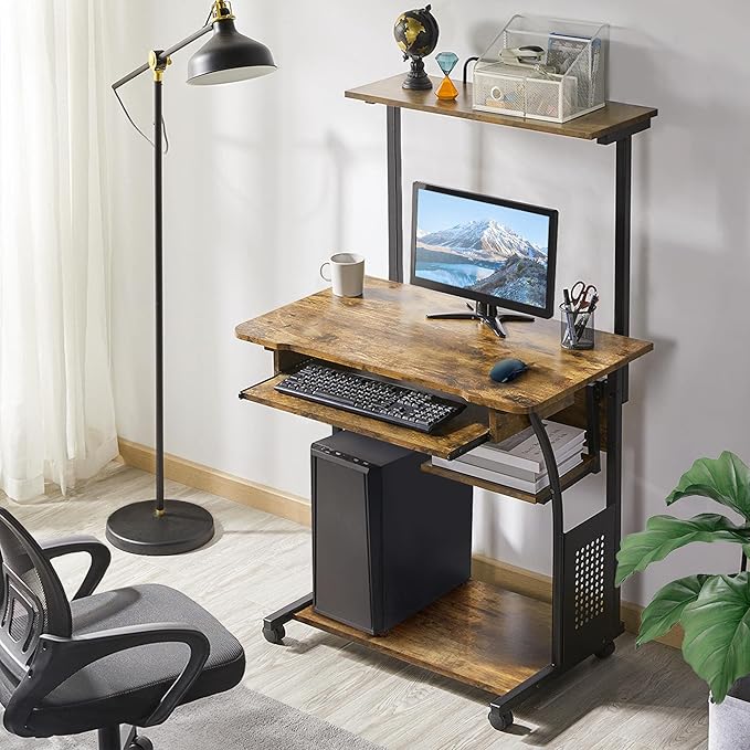 Topeakmart Retro Computer Desk on Wheels Mobile Computer Desk with Printer Shelf and Keyboard Tray, 3 Tiers Home Office Desk with Storage for Small Space, Compact Computer Workstation, Rustic Brown