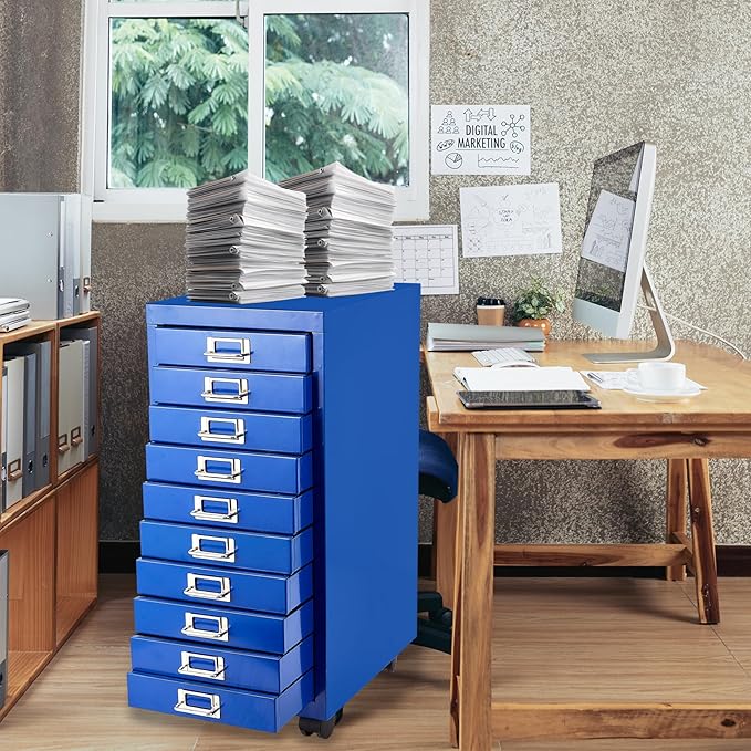 File Cabinet MINI 10 Tier Metal File Organizer Document Organizer with Wheel, White Color, for Home Office, Office Desk File (Blue)