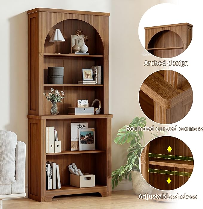 71" Tall Narrow Arched Bookshelf, Mid Century Modern 5-Tier Arched Narrow Storage Bookcase with Adjustable Open Display Shelf for Office, Living Room (Walnut)