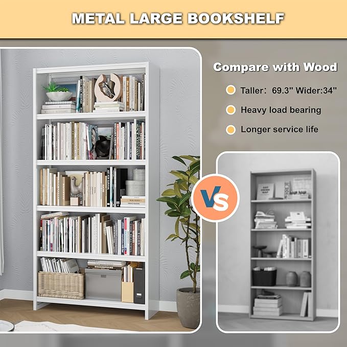 Bookshelf, White Bookshelf with 5 Storage Shelves, Large Metal Bookshelves, 69" Tall Bookcase for Living Room, Library, Office, Bedroom, Including Book Stopper,Simple Assembly