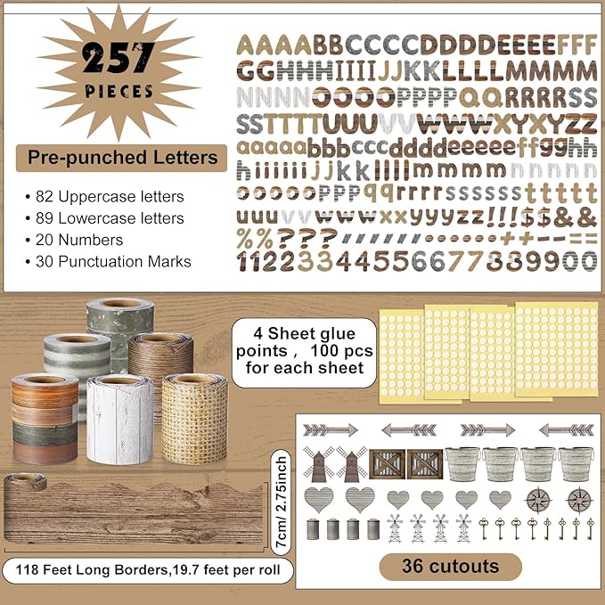 Kosiz Farmhouse Bulletin Board Decoration Set 118 ft Scalloped Bulletin Board Borders Classroom Poster Border Trim with 257 Pcs Letter Number Symbol Cutout for School Decor