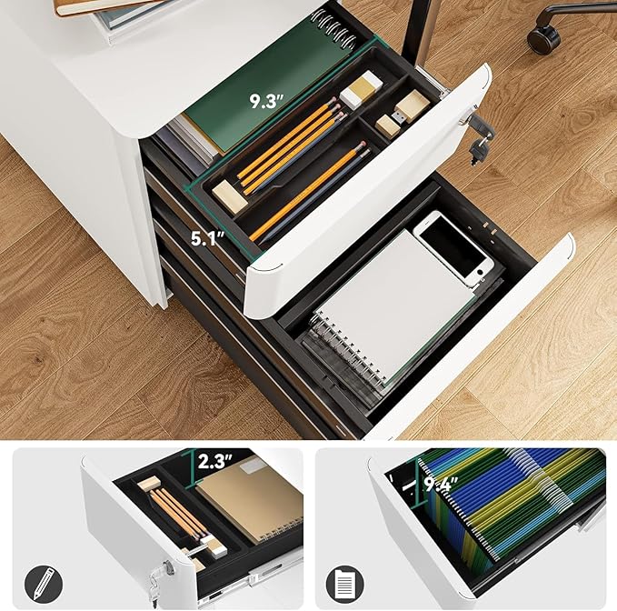 YITAHOME 3-Drawer Mobile File Cabinet, Lockable Filing Cabinet for Home Office, Pre-Assembled Office Storage Cabinet for A4/Letter/Legal, White