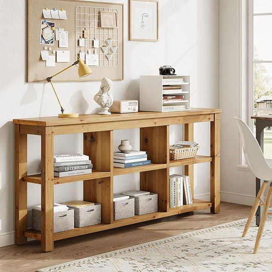 Solid Wood Horizontal Bookcase with Adjustable Shelves, 6 Cubes Storage Organizer Long Bookshelf, Farmhouse Low Cubby Bookcase for Living Room, Home Office, 63 Inches