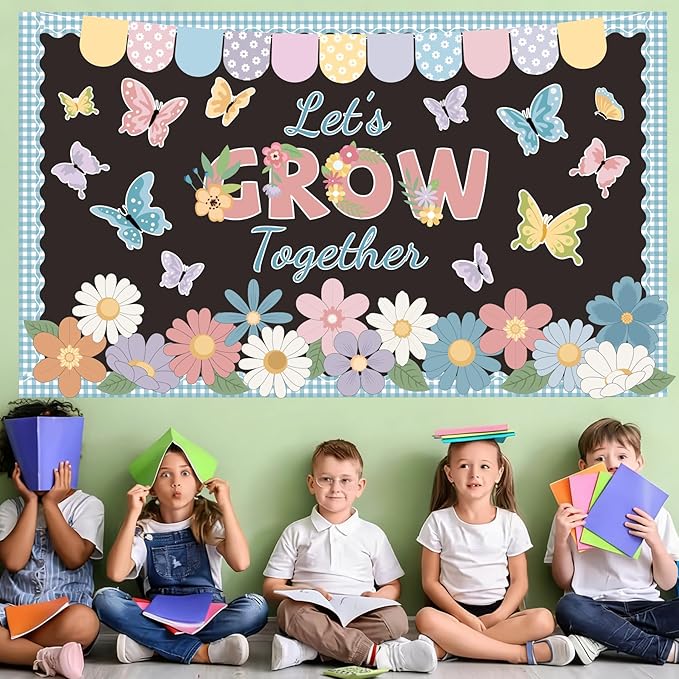 Spring Bulletin Board Set Spring Classroom Decorations Let’s Grow Together Inspirational Bulletin Board Flower Cutouts for Home School Office Chalkboard Whiteboard Wall Window Door Decor Supplies