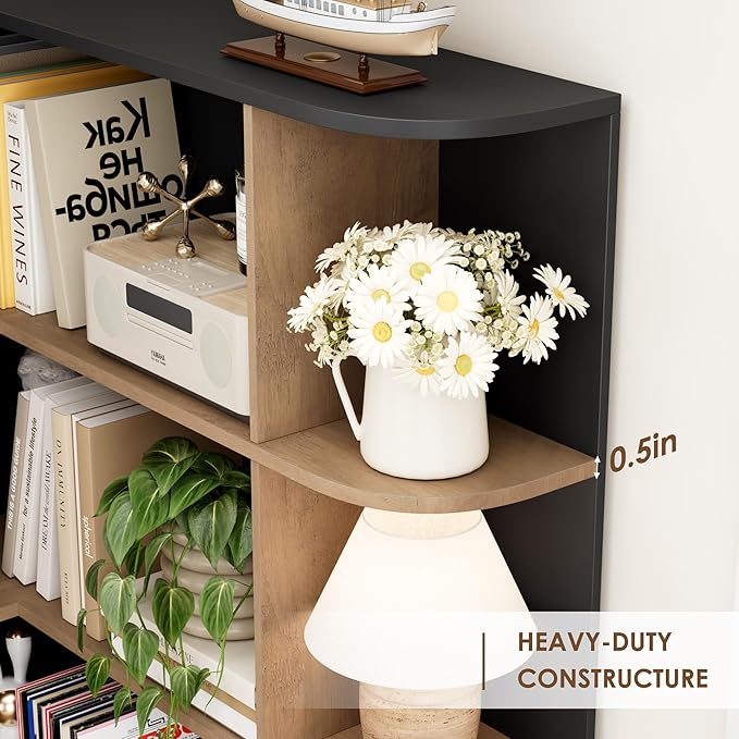FOTOSOK 74” Tall Corner Bookshelf, 6-Tier Bookshelf and Bookcase with Open Storage, Tall Bookcases Wooden Storage Shelves for Home Office, Thickened Boards for Better Load Bearing, Black/Brown