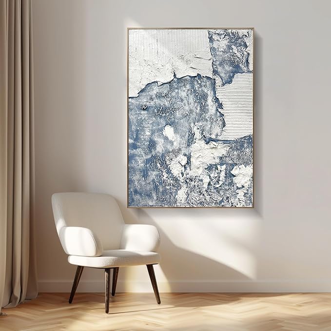 BrightA Office wall decorations with grand style. Large abstract hand-painted texture relief artworks, presenting the artistic charm of blue and white 51.2"x72.8"