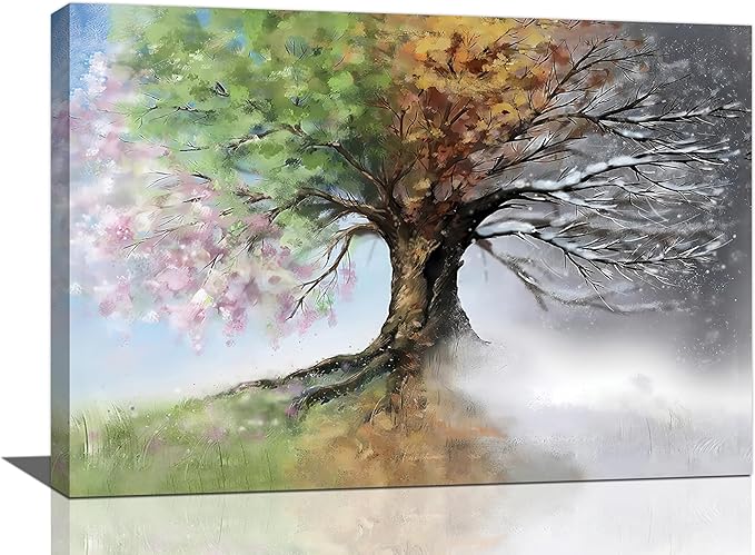 Tree of Life Wall Art Four Season Trees Pictures Decor Rustic Nature Canvas Country Painting Modern Artwork Home Decorations for Bathroom Living Room Bedroom Office Framed 24"x16"