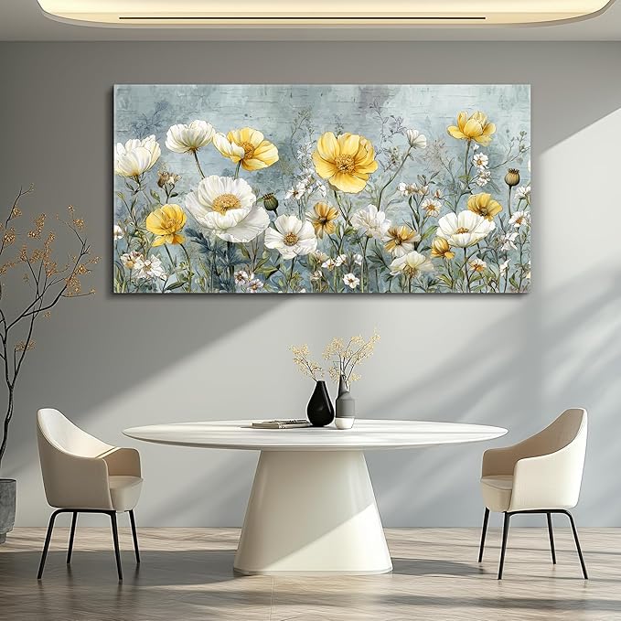QIYILEXWART Canvas Wall Art For Living Room Large Wall Decor For Office Bedroom Decorations Yellow White Flowers Landscape Pictures Farmhouse Painting Artwork Room Wall Mural Aesthetic Home Decor 30x60 In