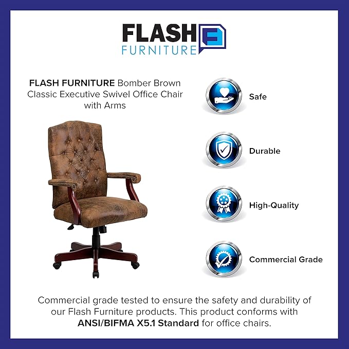 Flash Furniture Derrick Traditional Microfiber Tufted Swivel Office Chair with Wood Base, Ergonomic Farmhouse High-Back Desk Chair, Bomber Brown