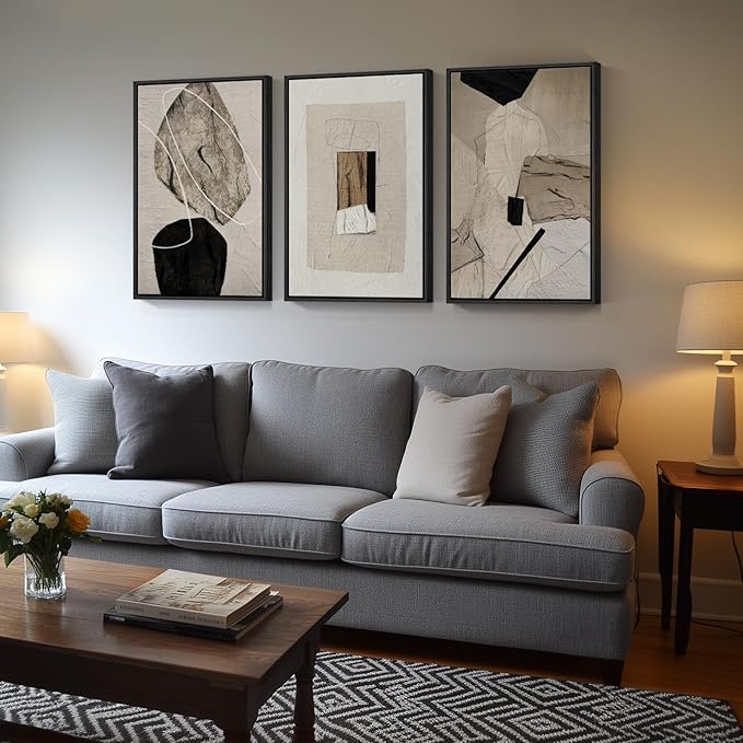 Large Framed Neutral Abstract Wall Art for Living Room, 3 Piece Modern Canvas Prints Paintings Artwork for Walls, Black and Beige Pictures for Living Room Hallway Stair Office Wall Decor 24x36 Inch
