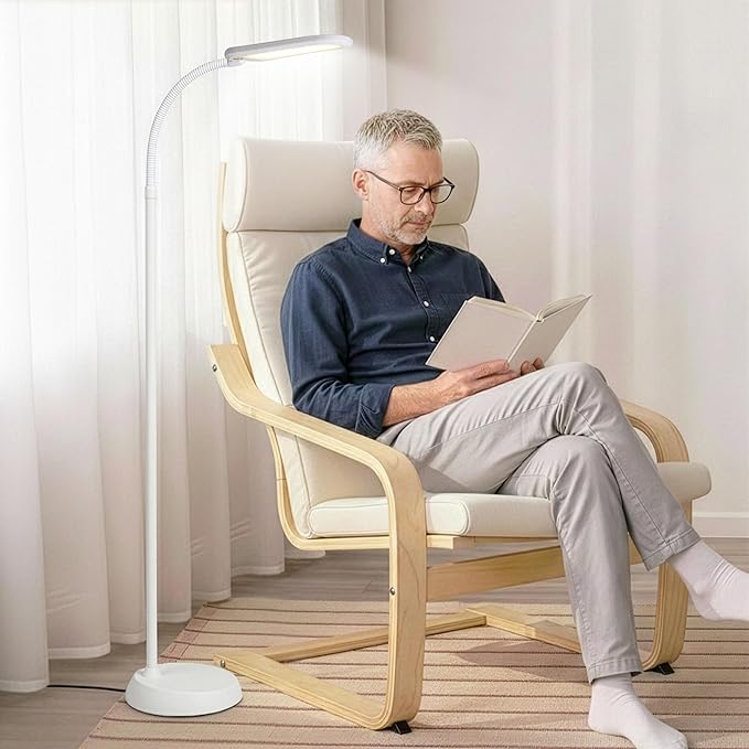 Brightech Litespan LED 2nd Edition Reading Floor Lamp with Cool, Soft & Warm White LED's - Built-in Dimmer - Adjustable Design Pivots in Any Direction - Energy Saving 12 Watts - Alpine White