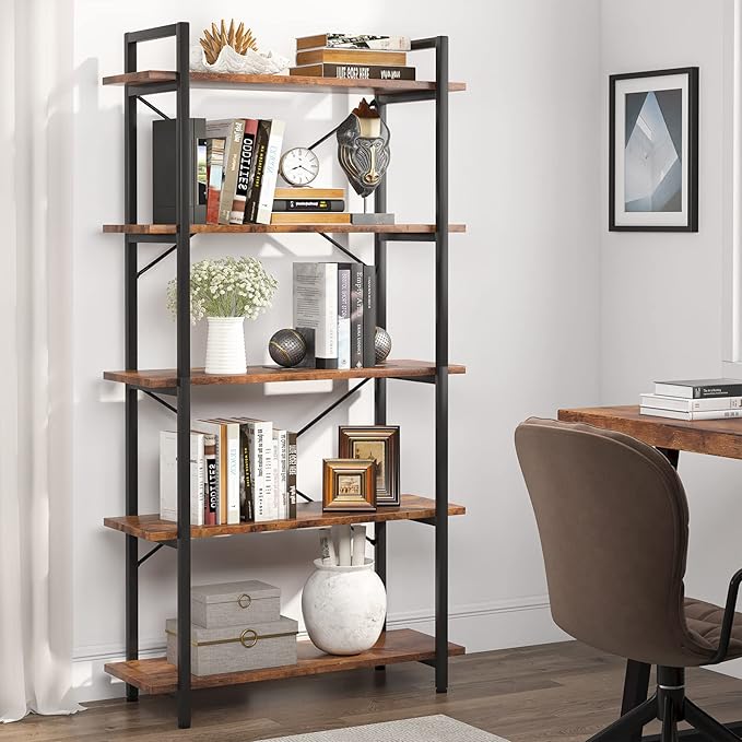 Tribesigns 5 Tier Bookshelf Set of 2, Industrial Etagere Bookcase with Metal Frame, Rustic Tall Book Shelf Unit for Living Room, Study, Home Office (2, Rustic)