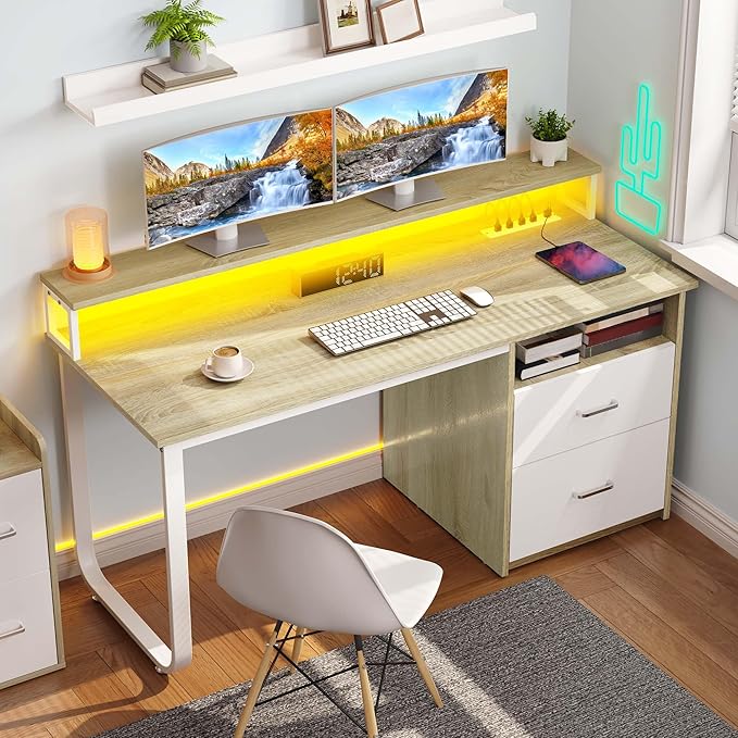 YITAHOME Computer Desk with Drawers, 55" Office Desk with Power Outlets & LED Light, Home Office Desk with Storage Shelves, White & Oak